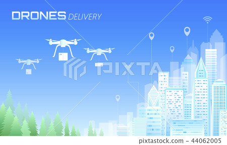 Drone box delivery ecology friendly city. Quadcopter remote control green energy. Eco business Drone box delivery ecology friendly city. Quadcopter remote control green energy. Eco business 44062005