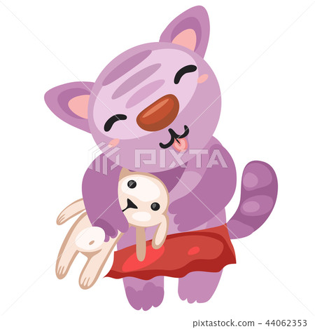 Cute kitty holds the toy rabbit isolated on white background. Vector cartoon close-up illustration. Cute kitty holds the toy rabbit isolated on white background. Vector cartoon close-up illustration. 44062353