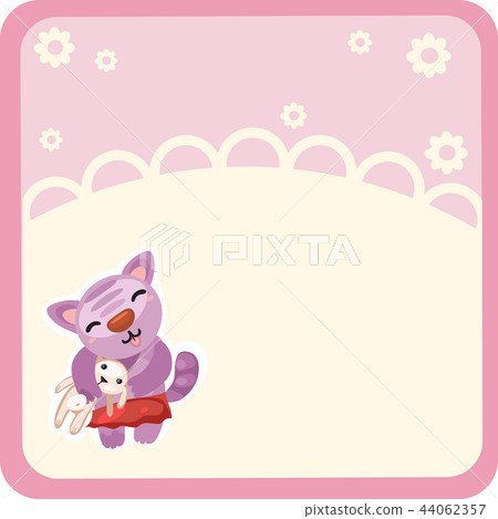 Openwork frame with space for your text with cute kitty holds the toy rabbit isolated on white Openwork frame with space for your text with cute kitty holds the toy rabbit isolated on white 44062357