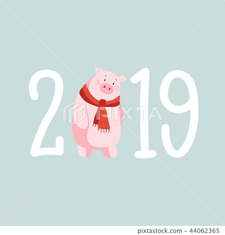 Happy New Year 2019 greeting card, invitation with cute pig illustration. Asian, Chinese zodiac Happy New Year 2019 greeting card, invitation with cute pig illustration. Asian, Chinese zodiac 44062365