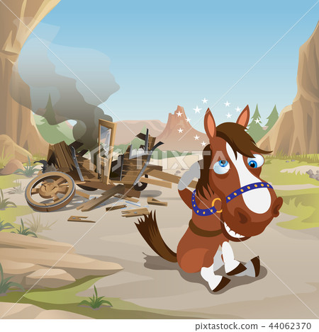 Cute poster in wild West style. Crazy horse with stars around the head sitting near with collapsed Cute poster in wild West style. Crazy horse with stars around the head sitting near with collapsed 44062370