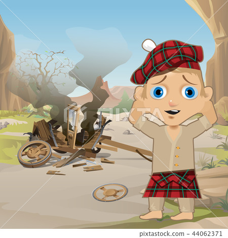 Cute Poster in Wild West Style. Young Man in Traditional Scottish Red Tartan Bonnet, Tam o' Shanter Cute Poster in Wild West Style. Young Man in Traditional Scottish Red Tartan Bonnet, Tam o' Shanter 44062371