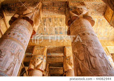 Beautiful interior of the temple of Dendera or the Temple of Hathor. Colorful zodiac on the ceiling 44062944