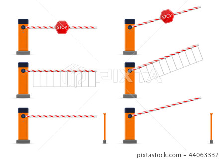 Creative vector illustration of open, closed parking car barrier gate set with stop sign isolated on 44063332