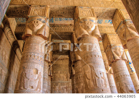 Beautiful interior of the temple of Dendera or the Temple of Hathor. Colorful zodiac on the ceiling 44063905