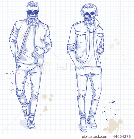 Vector set of two men with skull, beard Vector set of two men with skull, beard 44064276