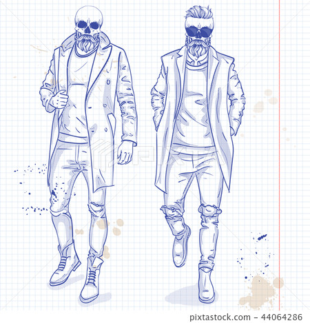 Vector set of two men with skull, beard 44064286