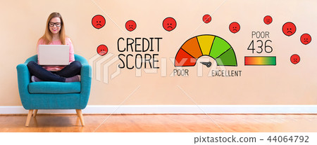 Poor credit score with woman using a laptop 44064792