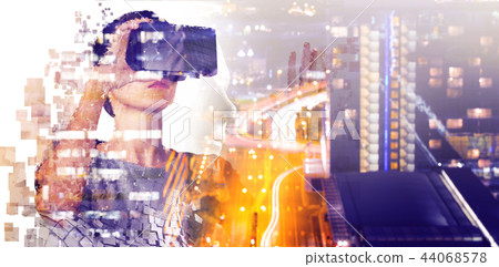 Composite image of digital composite of woman with a virtual reality simulator 44068578