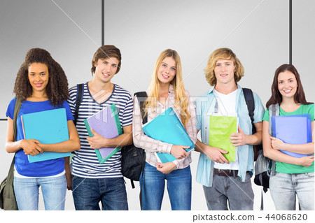 Composite image of happy college students holding folders Composite image of happy college students holding folders 44068620