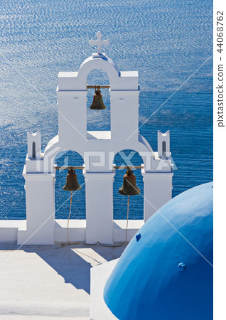 The Three bells of Fira and blue dome, Santorini, Greece. 44068762