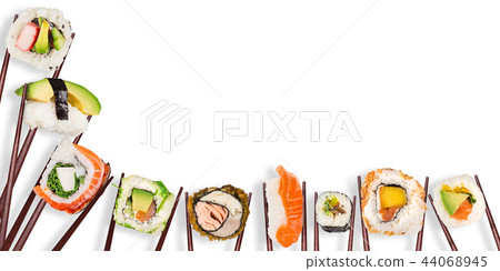 Traditional japanese sushi pieces on rustic concrete background. 44068945