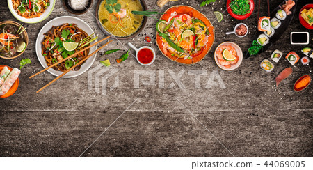 Various of asian meals on rustic background , top view , place for text. 44069005
