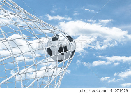 3d rendering of a football ball caught in a white net from the gates on a sky background. 3d rendering of a football ball caught in a white net from the gates on a sky background. 44071079
