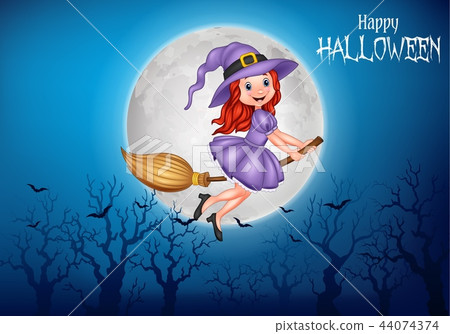 Cartoon witch flying use a broomstick 44074374
