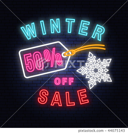Winter sale neon sign with christmas tag hanging. Vector illustration 44075143