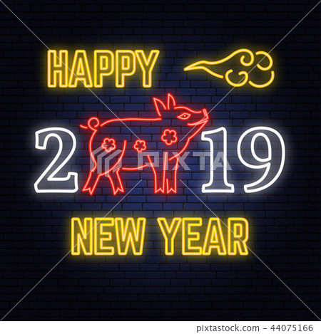 Happy Chinese New Year 2019 neon sign with Pig... - Stock Illustration ...