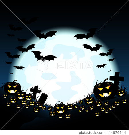 Halloween night with pumpkins and blue Moon 44076344