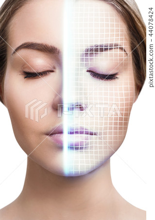 Technological scanning of face of young woman. 44078424