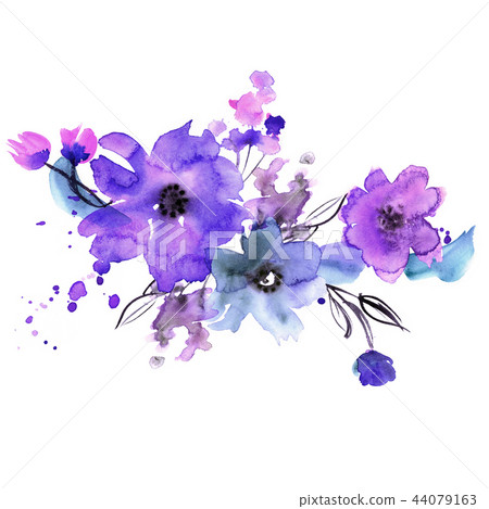 Cute watercolor hand painted blue flowers 44079163