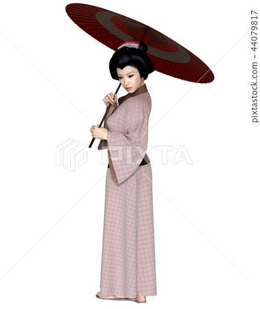 Young Japanese Woman in Pink Kimono with Parasol 44079817