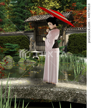Young Japanese Woman in Pink Kimono in a Garden 44079818