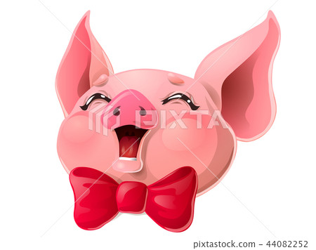 Joyful pink pig head and red bow on white 44082252