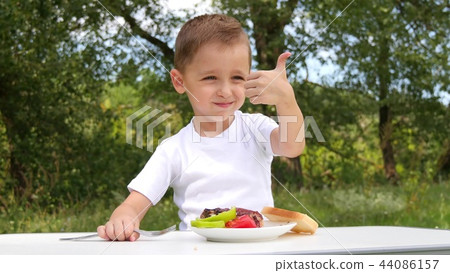 The child sits on the background of a green forest and eats barbecue with appetite. Outdoor The child sits on the background of a green forest and eats barbecue with appetite. Outdoor 44086157