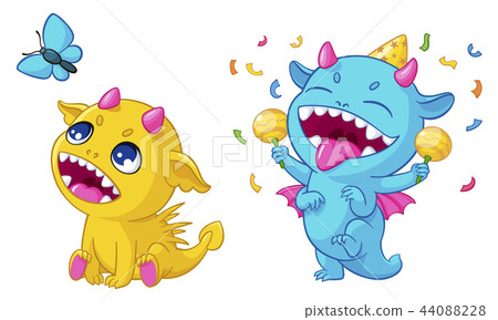 Cartoon monsters playing illustration of funny happy cute dinosaurs creatures play for kid birthday Cartoon monsters playing illustration of funny happy cute dinosaurs creatures play for kid birthday 44088228