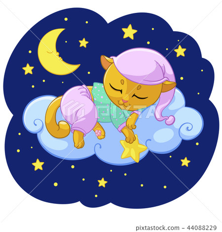 Kitty sleeping cartoon illustration of kitten dream sleep on cloud stars in pajama for kid T-shirt 44088229
