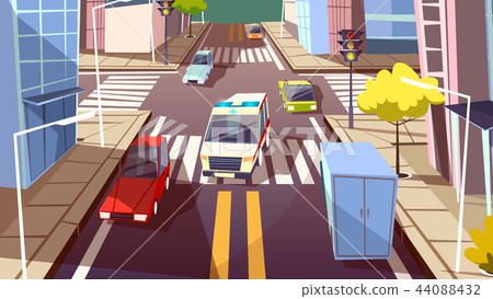 City street cars cartoon illustration of ambulance car driving on urban transport traffic lane 44088432
