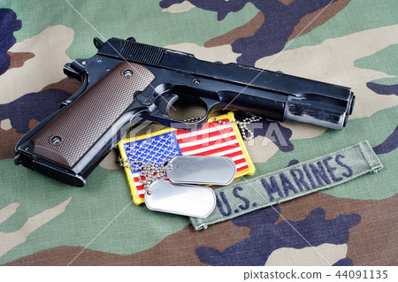 US MARINES branch tape M1911 handgun with dog tags US MARINES branch tape M1911 handgun with dog tags 44091135