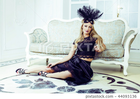 pretty blond woman in rich luxury house interior, fashion people 44093136