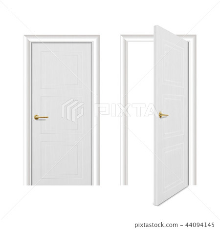 Vector realistic different opened and closed white wooden door icon set closeup isolated on white 44094145