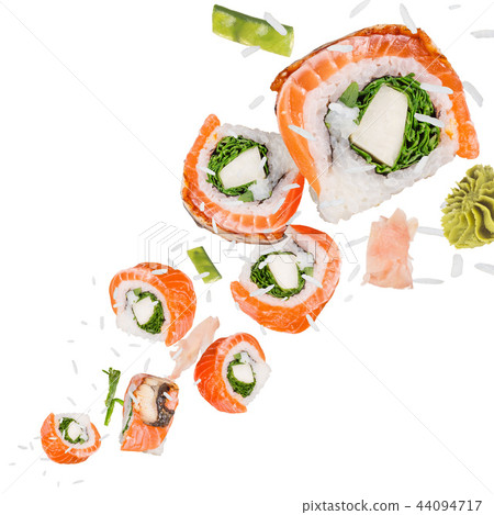 Pieces of delicious japanese sushi frozen in the air. 44094717