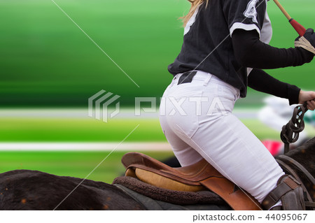 Polo woman player is riding on a horse. Polo woman player is riding on a horse. 44095067