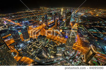 Dubai skyline during night with amazing city center lights and heavy road traffic,UAE. Dubai skyline during night with amazing city center lights and heavy road traffic,UAE. 44095090