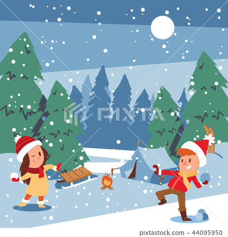 Christmas kids playing winter games skating, skiing, sledding, girl dresses up Christmas tree, boy Christmas kids playing winter games skating, skiing, sledding, girl dresses up Christmas tree, boy 44095950