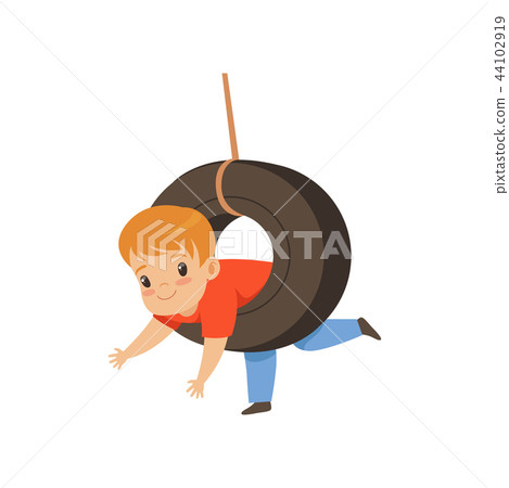 Cute boy riding swing made from tire, little kid having fun on a swing outdoor vector Illustration 44102919