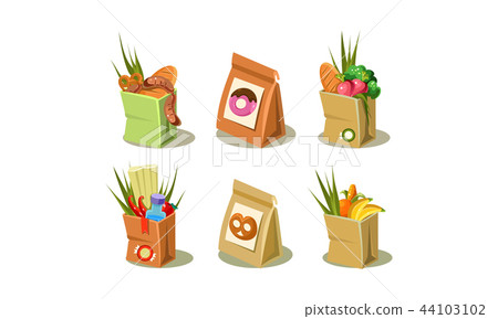 Set of paper bag with groceries. Packaging with donuts and pretzels. Colorful flat vector icons 44103102