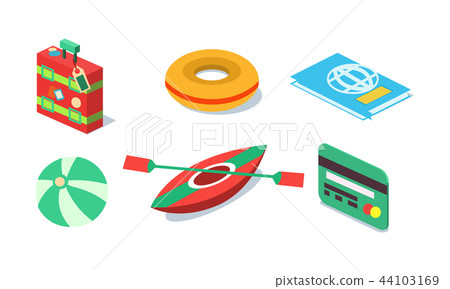 Vector set of isometric travel objects suitcase, inflatable ring, beach ball, plastic card, kayak 44103169