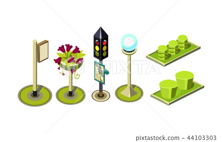 Set of isometric vector elements for city constructor. Traffic light with map, street lantern Set of isometric vector elements for city constructor. Traffic light with map, street lantern 44103303