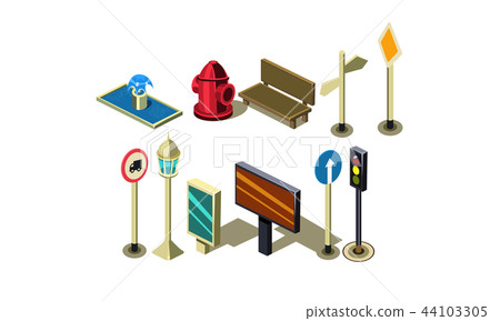 Vector set of isometric city elements. Fire hydrant, bench, traffic lights, billboard, fountain 44103305