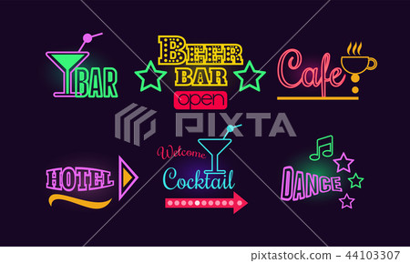 Set of glowing neon signs for beer and cocktail bar, cafe, dance club and hotel. Vector elements for Set of glowing neon signs for beer and cocktail bar, cafe, dance club and hotel. Vector elements for 44103307