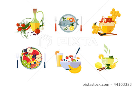 Healthy organic food set, vegetarian menu vector Illustration on a white background Healthy organic food set, vegetarian menu vector Illustration on a white background 44103383