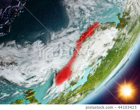 Orbit view of Norway during sunrise Orbit view of Norway during sunrise 44103423