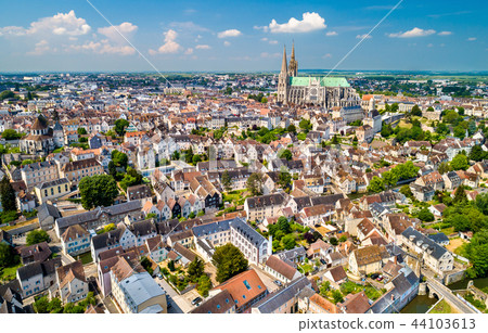 Aerial view of Chartres city with the Cathedral. A UNESCO world heritage site in Eure-et-Loir Aerial view of Chartres city with the Cathedral. A UNESCO world heritage site in Eure-et-Loir 44103613