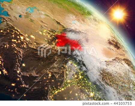 Tajikistan in sunrise from orbit Tajikistan in sunrise from orbit 44103753