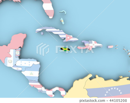 Map of Jamaica with flag on globe 44105208