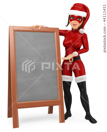 3D Woman christmas superhero with blank chalkboard 3D Woman christmas superhero with blank chalkboard 44111451